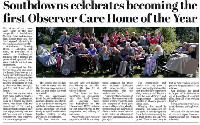 Southdowns Observer Care Home of the Year Award 2020